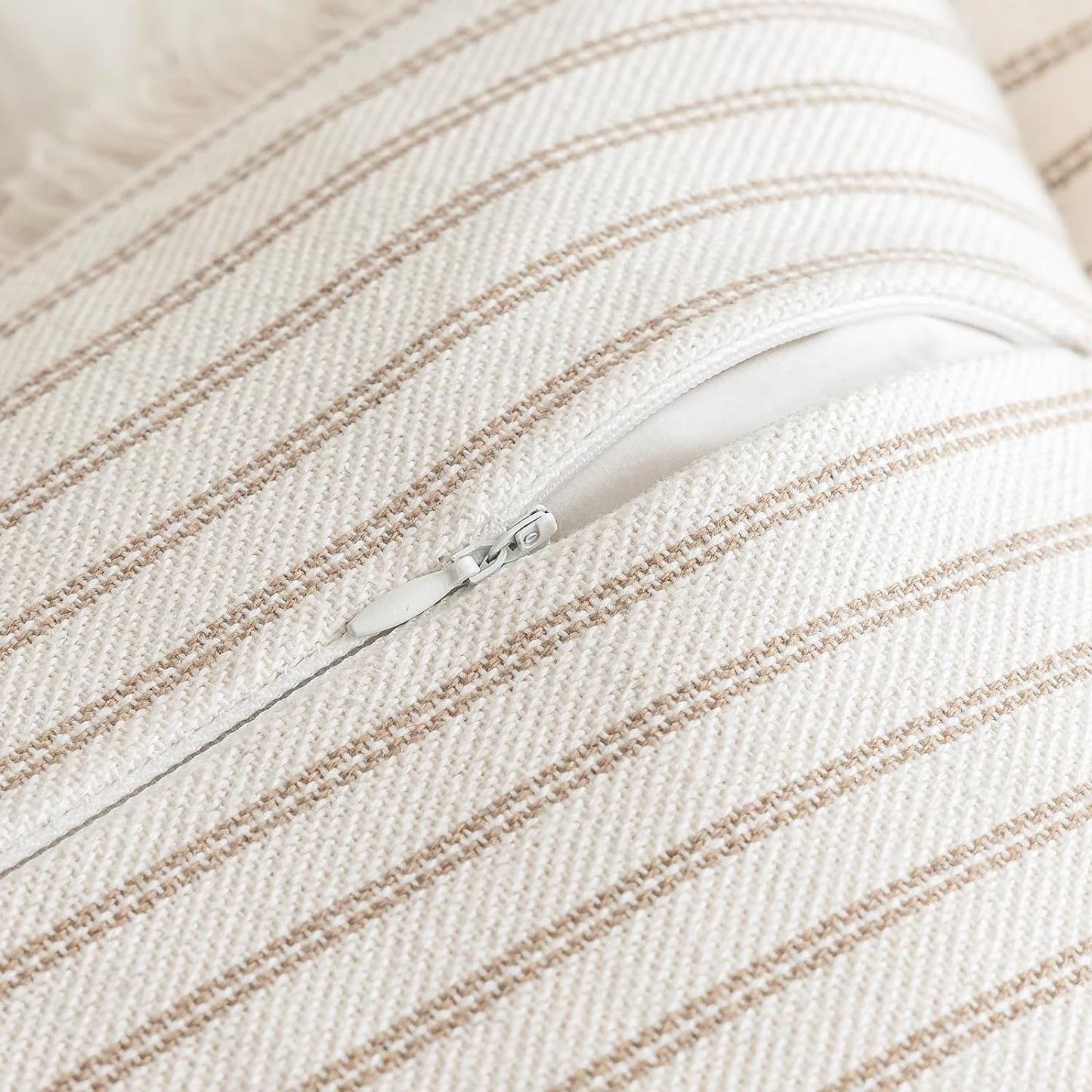 Throw Pillow Covers 20X20 Set of 2 Striped Fringe Pillow Cover Farmhouse Cushion Covers with Tassel Neutral Boho Pillows Decorative Square Pillowcase for Couch Sofa Bed, Khaki