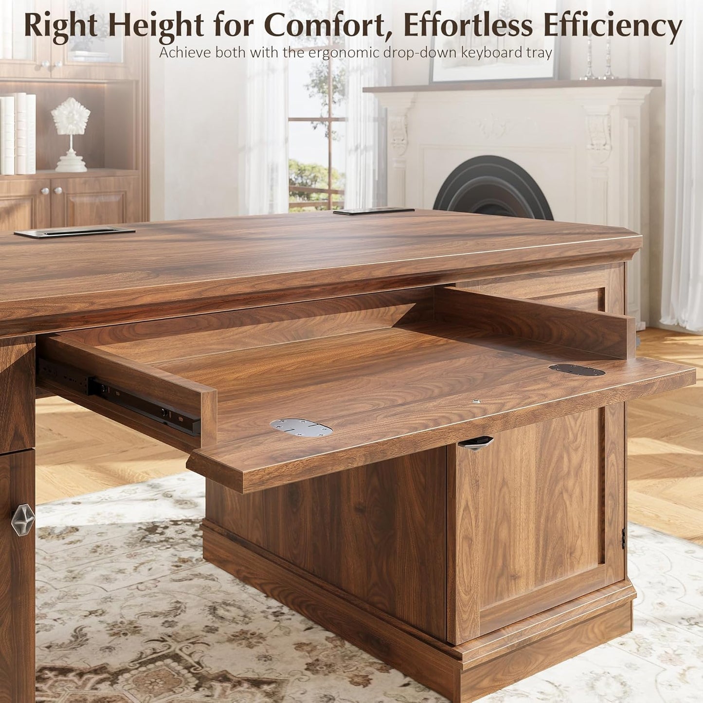 59" Classic Executive Desk with Storage, Victorian Executive Desk with Charging Station, Keyboard Tray, 3 Drawers & 2 Cabinet Storage & 2 Pedestals, Easy Assembly, Dark Walnut
