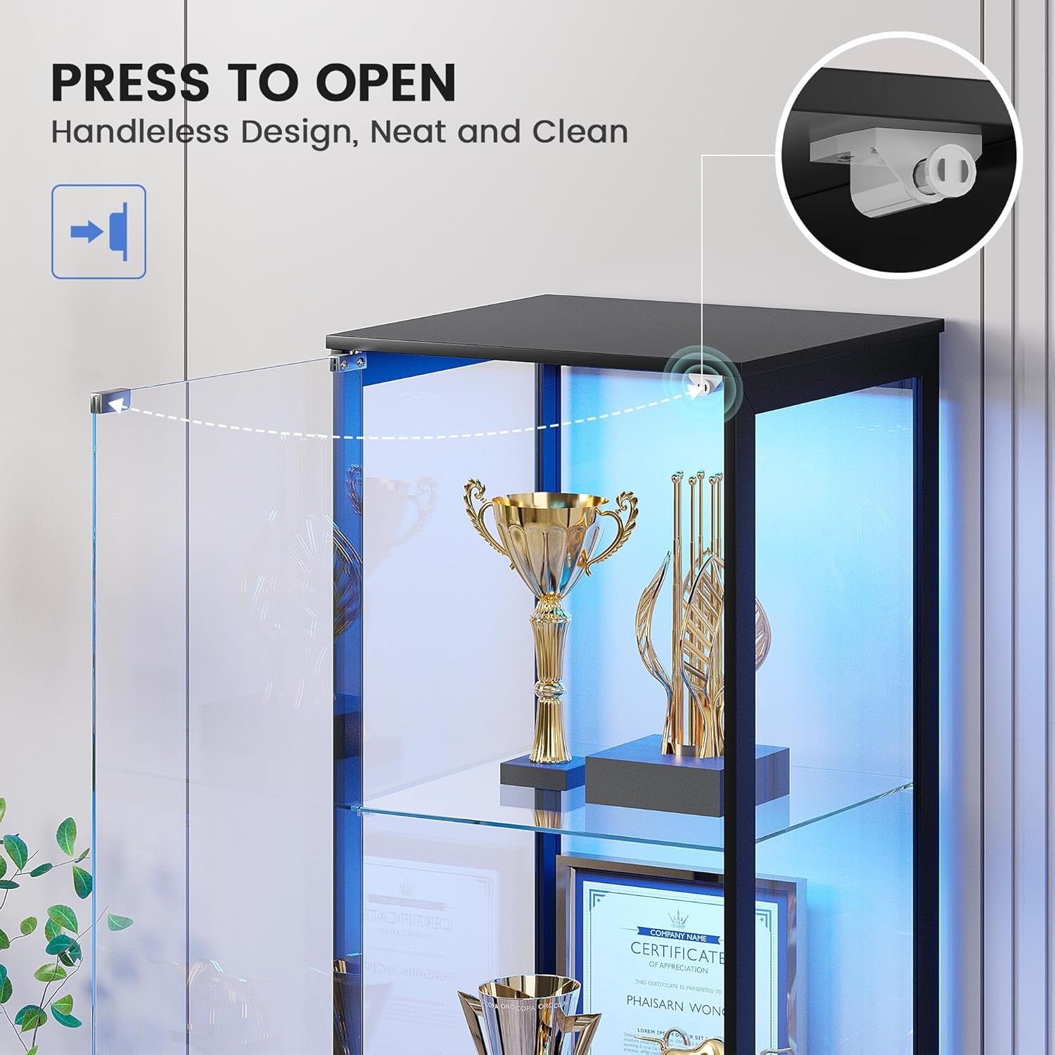 Glass Display Cabinet with Doors, 65" Tall 4-Tier Curio Display Case with 3 Color Lights and Human Body Sensor, Bookcase for Collectibles, Black