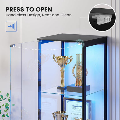 Glass Display Cabinet with Doors, 65" Tall 4-Tier Curio Display Case with 3 Color Lights and Human Body Sensor, Bookcase for Collectibles, Black