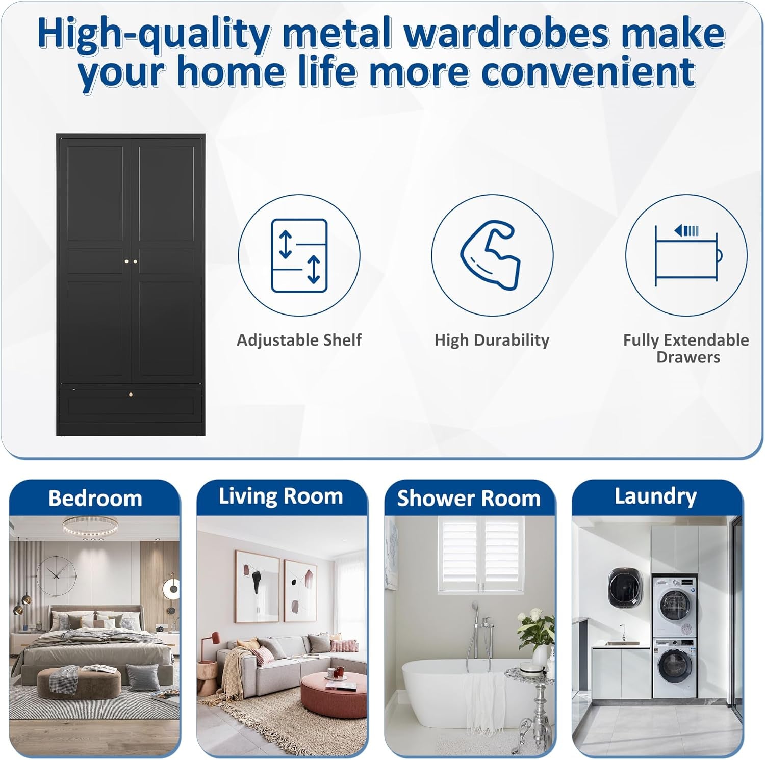Metal Armoire Wardrobe Closet with 2 Doors 72'' Wardrobe Cabinet with Drawers and Hanging Rail Metal Closet with Adjustable Shelves for Bedroom. (Black, with 1Drawer)