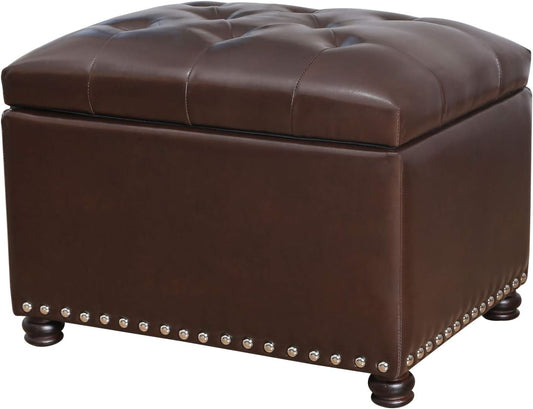 Faux Leather Storage Ottoman Bench Rectangle 24 Inch Foot Rest Ottomans (Brown)