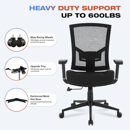 Big and Tall Office Chair 600Lbs with Lumbar Support for Eight Hour Daily Work Ergonomic Mesh Desk Chair Widen 3D Cushion for Reading, Gaming