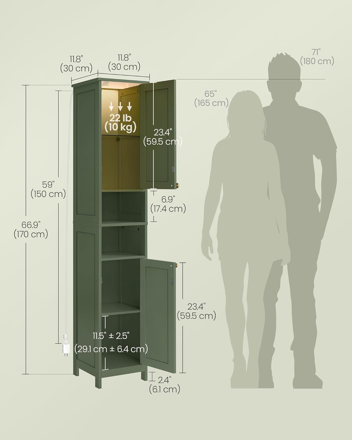Tall Bathroom Cabinet with Lights, Slim Freestanding Bathroom Storage Cabinet with Adjustable Shelves, for Small Spaces, Modern, 11.8 Inches Wide, Dove Gray UBBC566G02