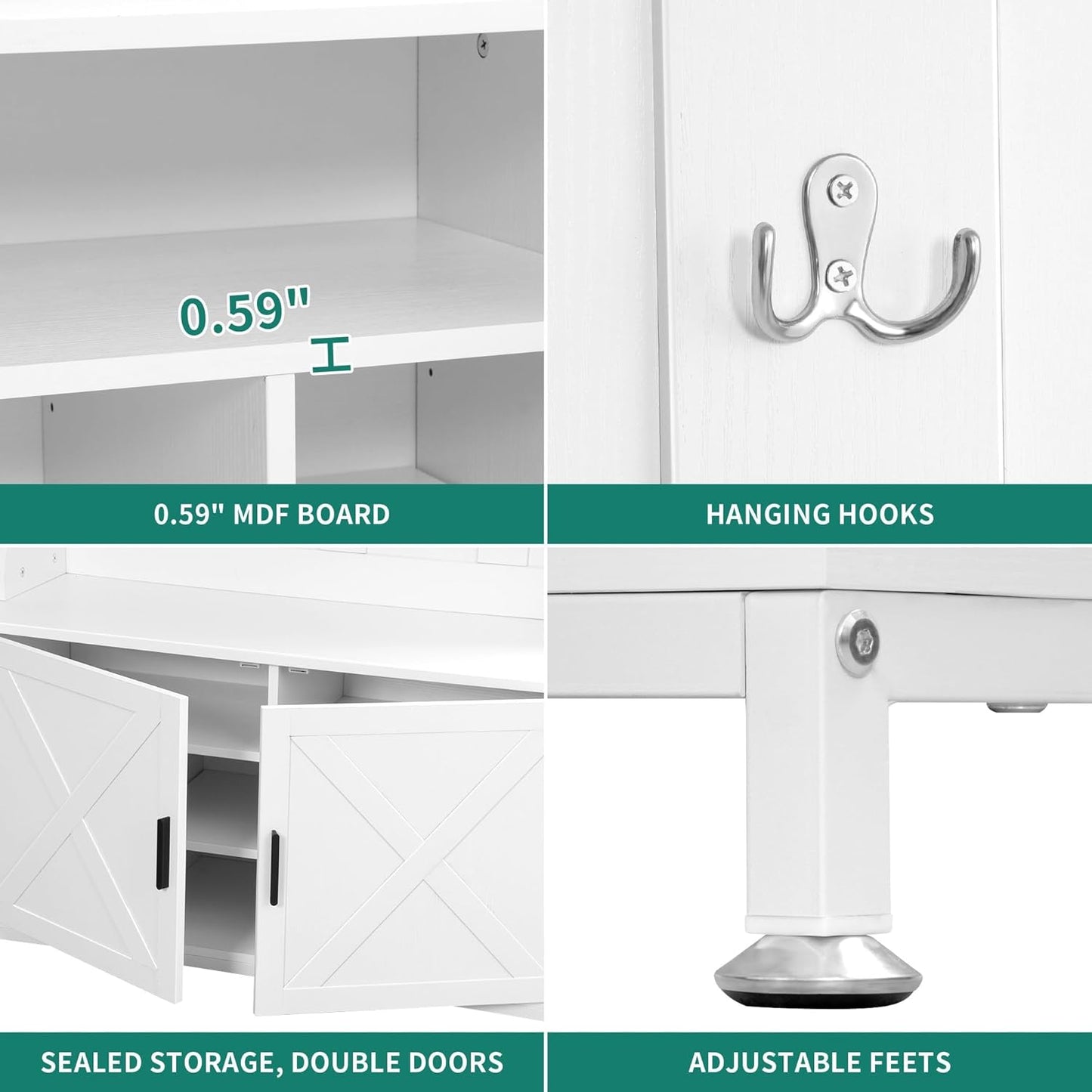 Hall Tree with Shoe Storage Bench for Entryway, 4-In-1 Coat Rack with Bench, Entrance Organizer, Hall Tree with Adjustable Shoe Storage and Hanging Hooks, White