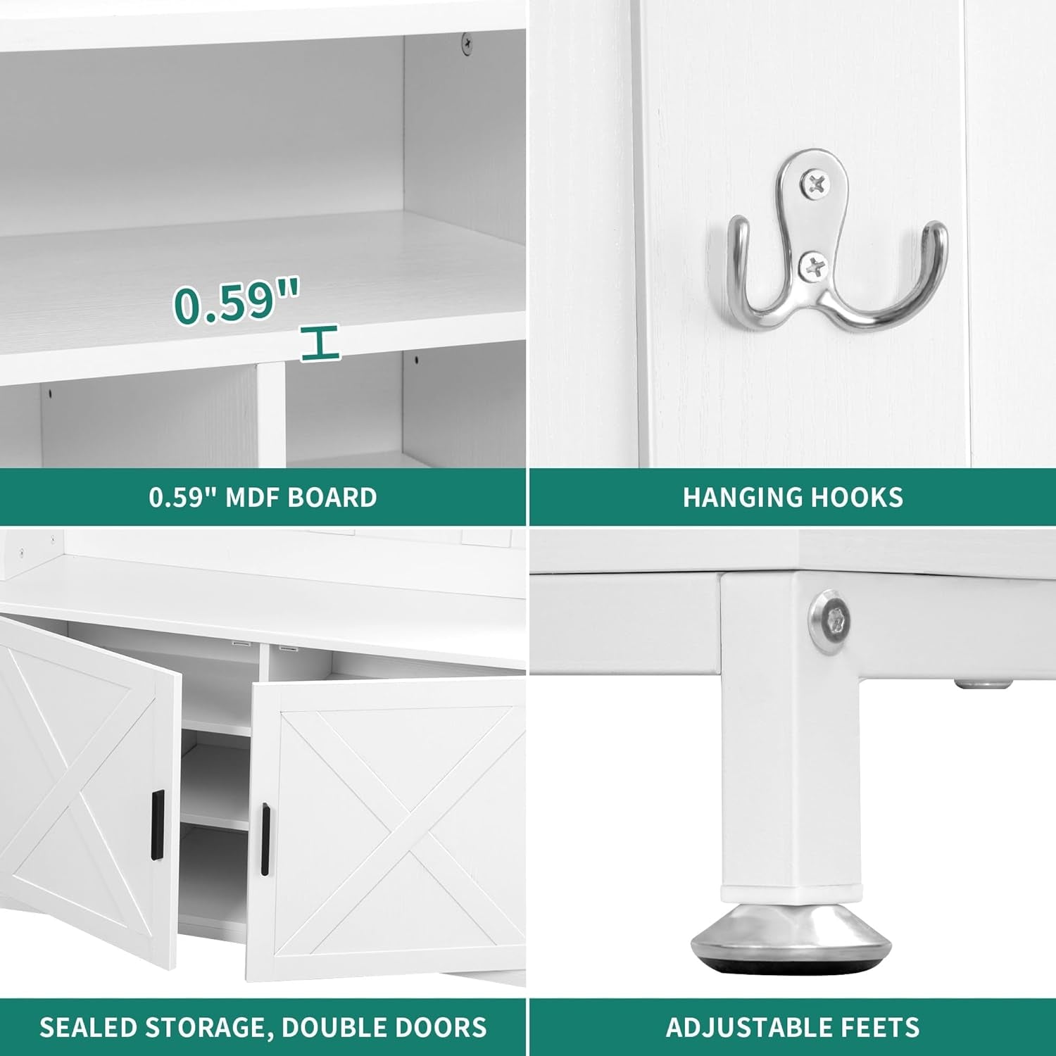 Hall Tree with Shoe Storage Bench for Entryway, 4-In-1 Coat Rack with Bench, Entrance Organizer, Hall Tree with Adjustable Shoe Storage and Hanging Hooks, White