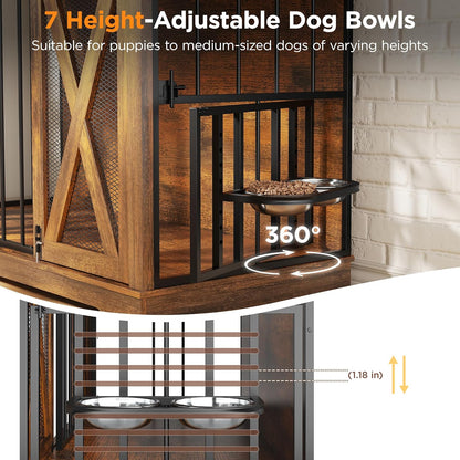 47" Large Dog Crate, Wooden Dog Kennel Furniture with Storage & Adjustable Bowl & Sliding Barn Door, Heavy Duty Dog Crates for Large Dogs, Indoor Decorative Dog Cage, Brown