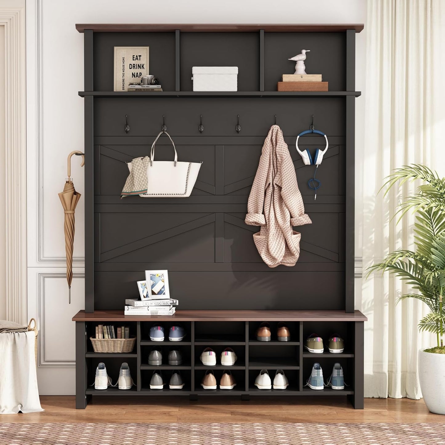 Wood Rustic Hall Tree Entryway Bench with 6 Hooks and Adjustable Shelves, Farmhouse Mudroom Versatile Coat Racks with 16 Open Compartments, Entrance Organizer for Hallway Black