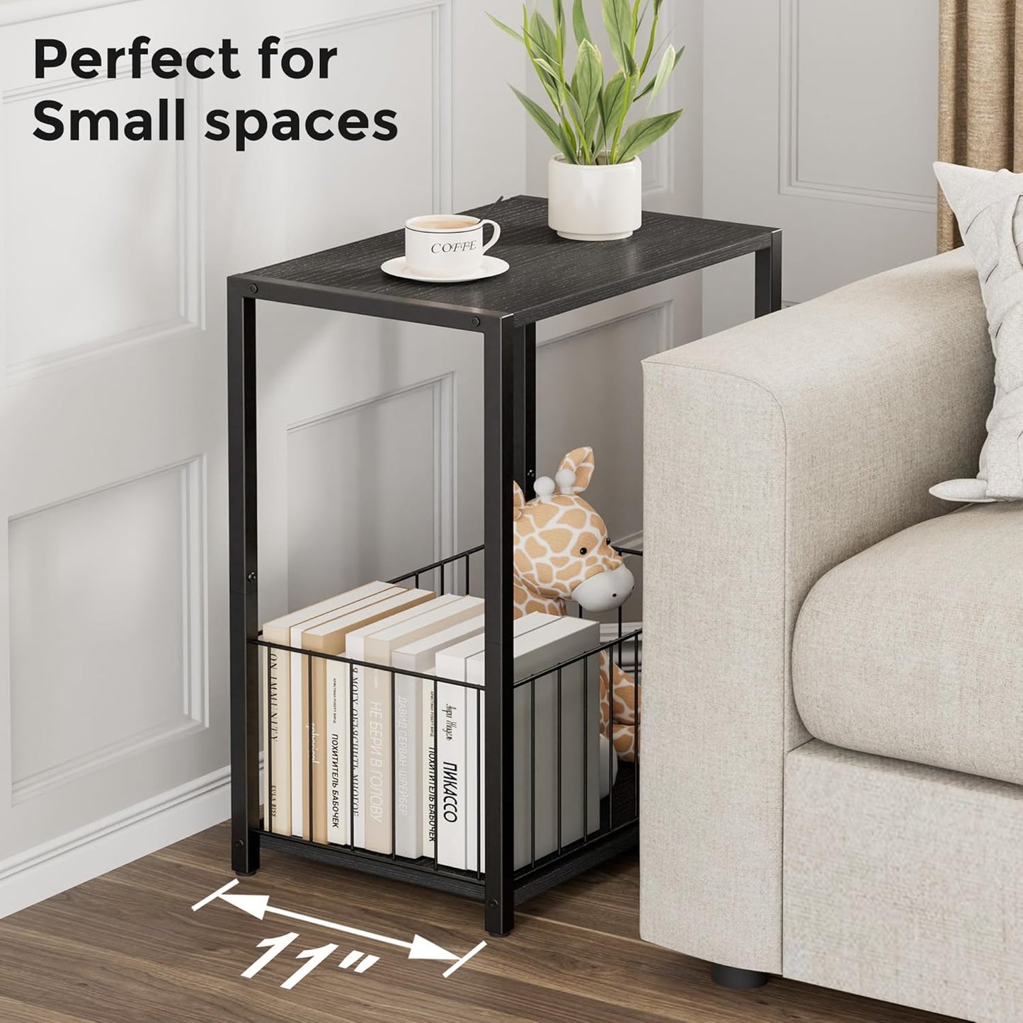 Side Table with Magazine Holder, Record Player Stand with LP Shelf, End Table for Living Room, Bedroom, or Bedside, Easy Assembly, 11" D X 16.9" W X 23.6" H, Black