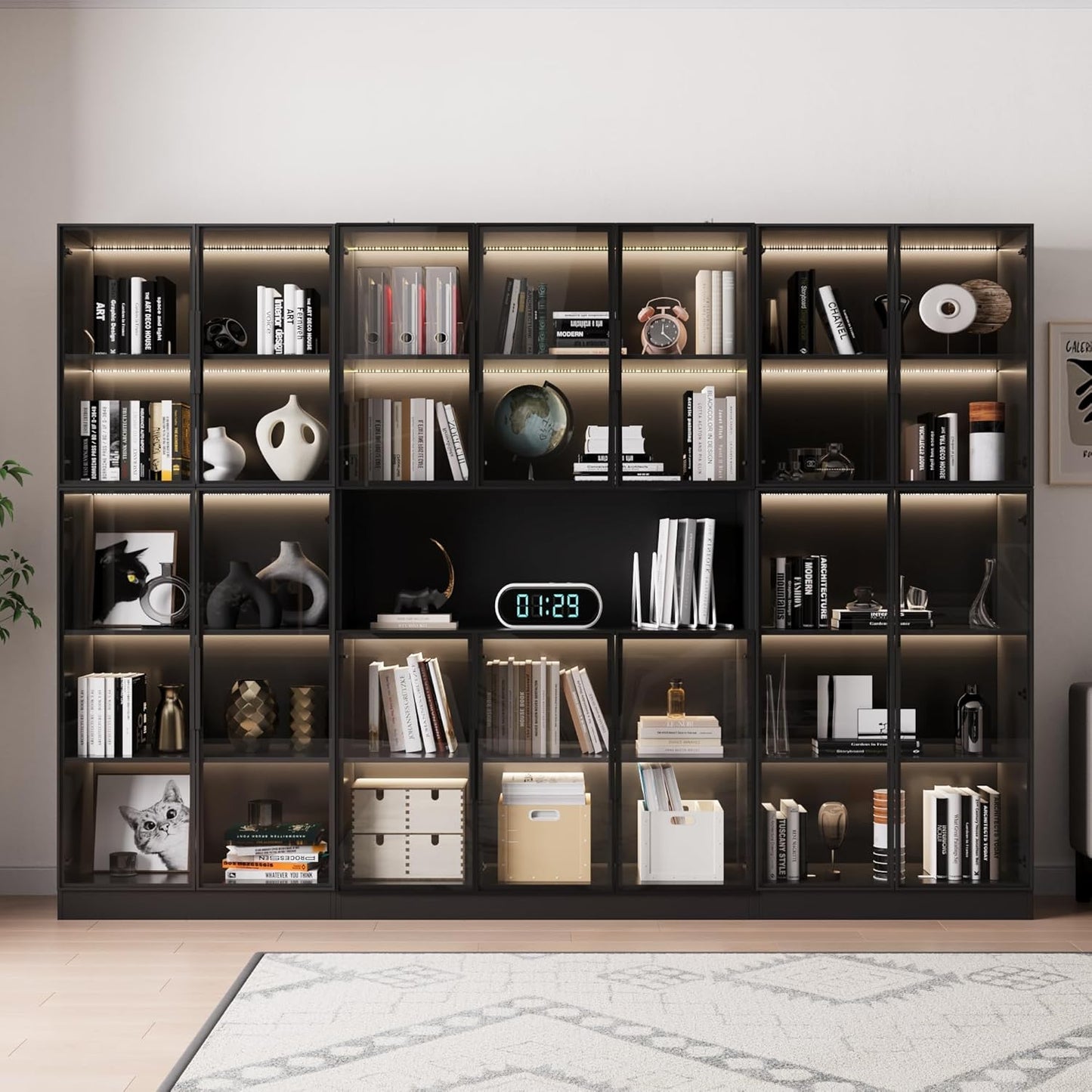 78.7" H Display Cabinet with 6 Glass Doors and Lights, Storage Cabinets Modern Bookcase with Hutch for Collectible, Display Case Trophy Case, Black