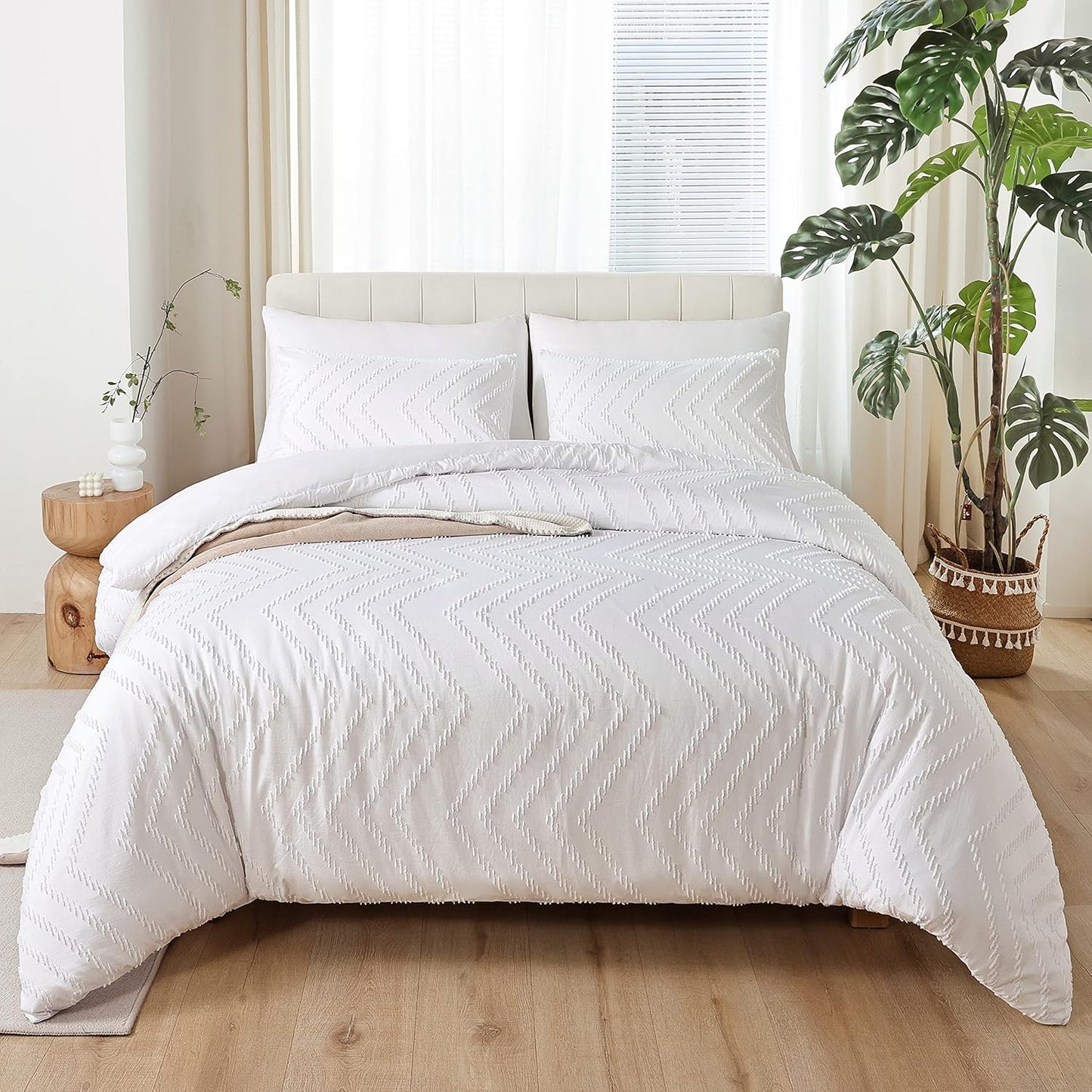 White Comforter Queen Size 3Pcs, Boho Chevron Queen White Farmhouse Bedding Sets, Vertical Tufted Lightweight Neutral Boho Bed Set (1 Comforter, 2 Pillowcases)