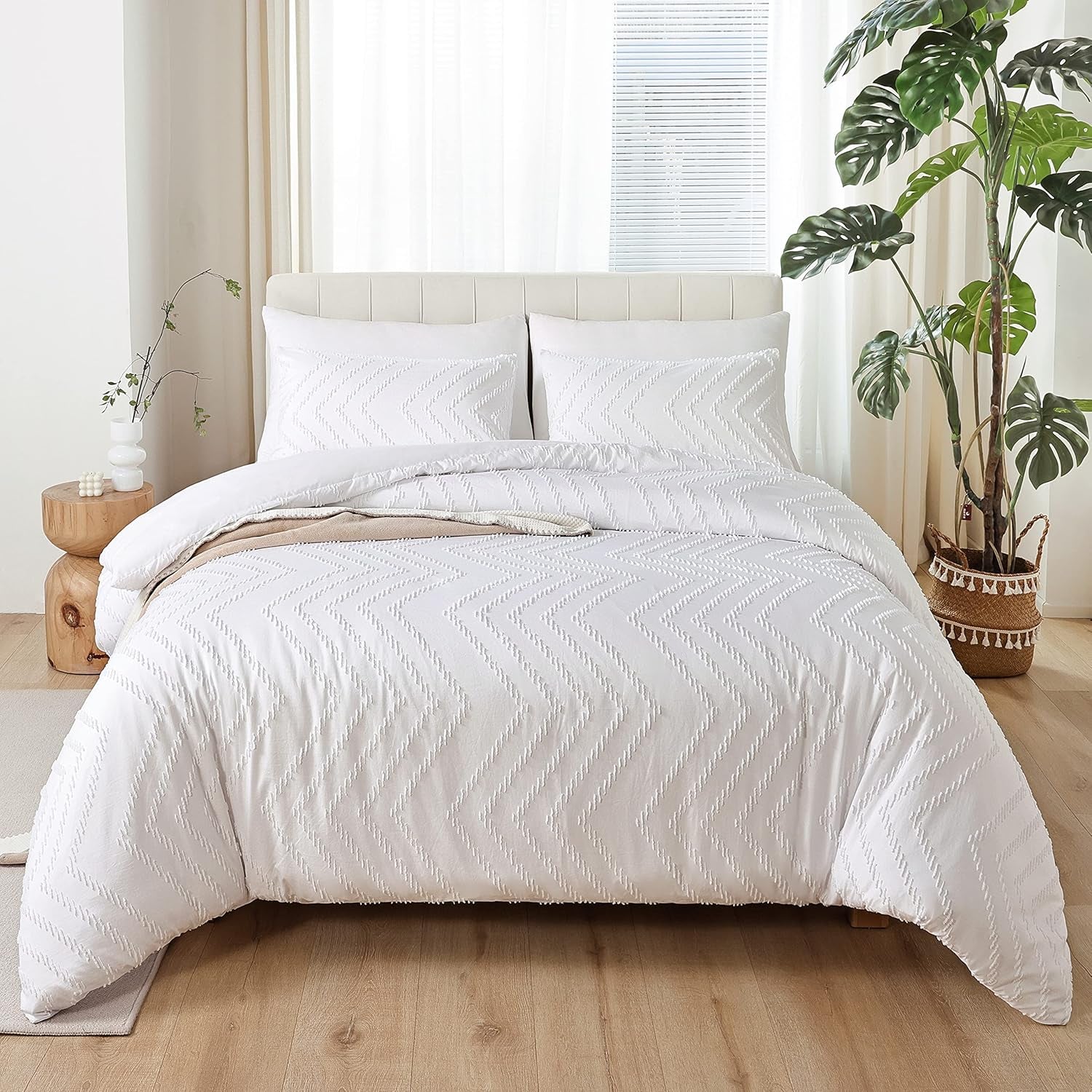 White Comforter Queen Size 3Pcs, Boho Chevron Queen White Farmhouse Bedding Sets, Vertical Tufted Lightweight Neutral Boho Bed Set (1 Comforter, 2 Pillowcases)