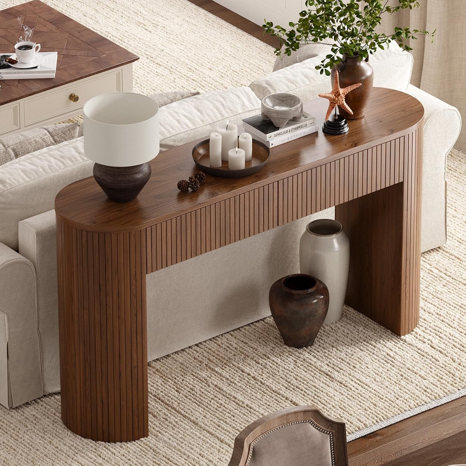 55 Inch Console Table with 2 Drawers, Fluted Entryway Tables with Storage, Sofa Table behind the Couch, Hallway Tables, Mid-Century Modern Foyer Table for Entryway, Hallway, Living Room, Walnut