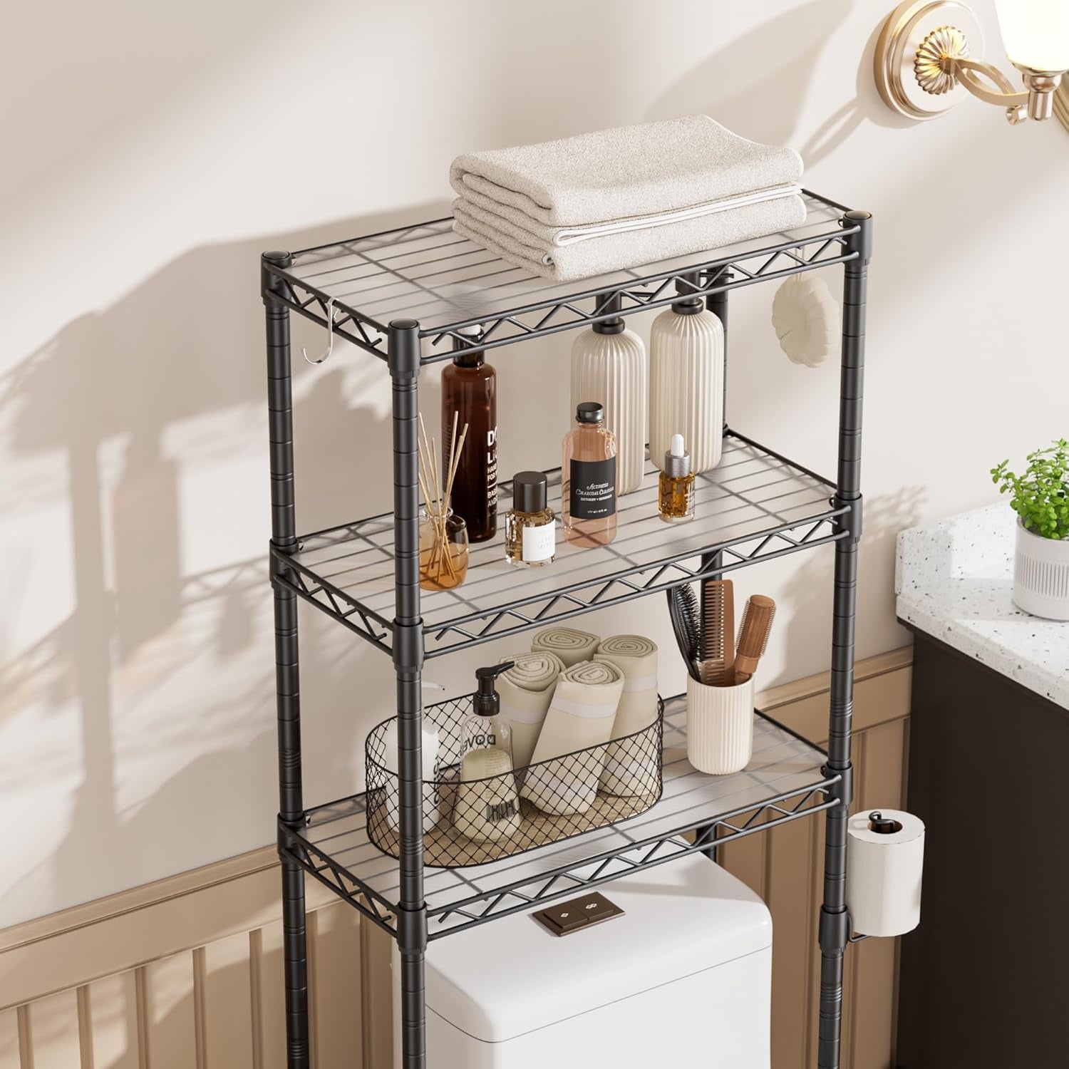 Over the Toilet Storage Shelf：3-Tier Bathroom Organizer and Storage Shelf with Adjustable Shelf and Basket Freestanding Space Saver above Toilet for Room Black