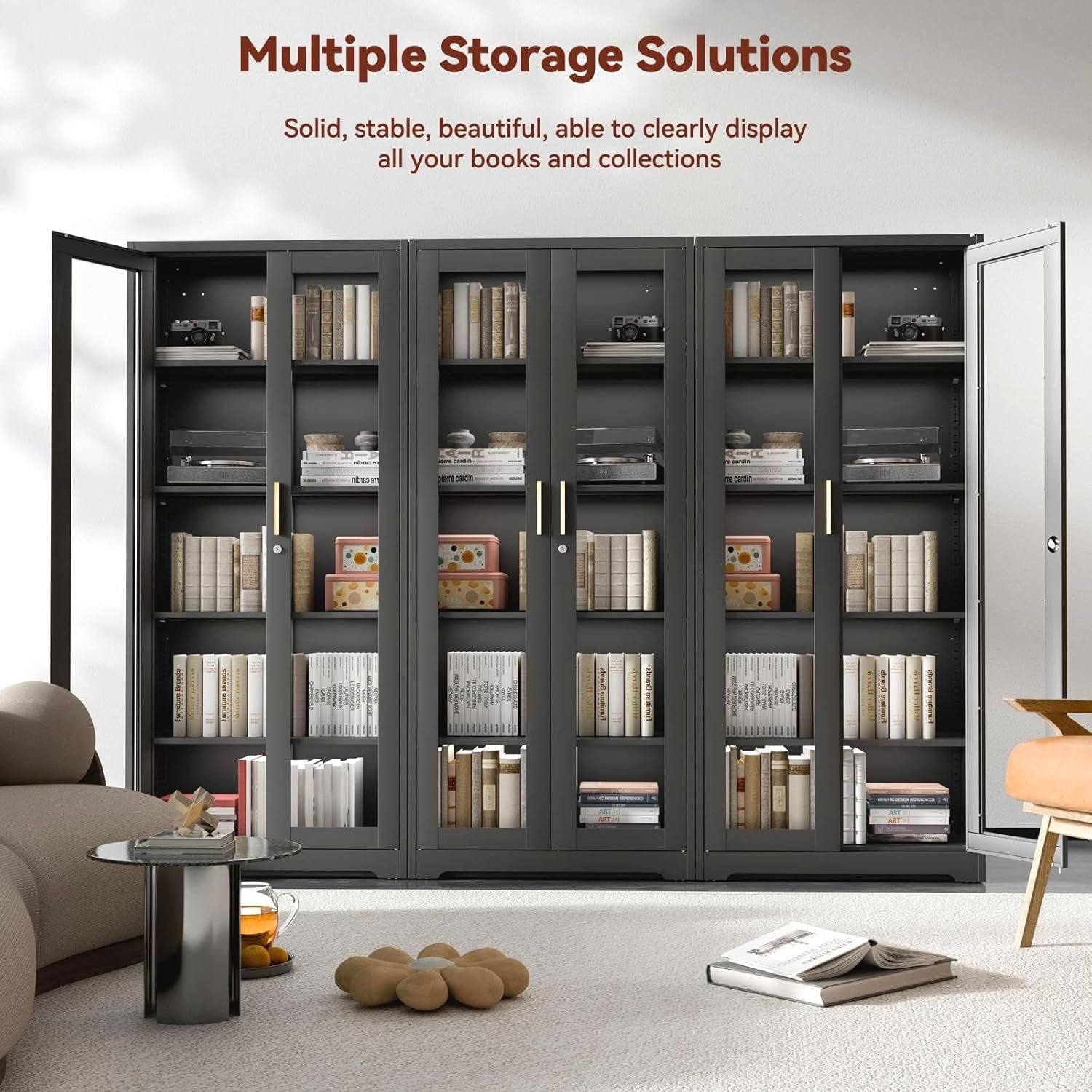 71" Metal Display Cabinet with Glass Doors, Locking Curio Cabinets with 4 Adjustable Shelves, Glass Display Case for Collectibles, Metal Storage Cabinet