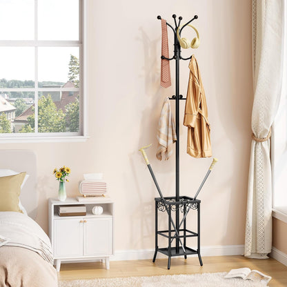 Coat Rack Freestanding, Coat Tree with Umbrella Holder, Metal Coat Rack Stand with 12 Hooks, Standing Coat Hanger Stand, Umbrella Stand for Entryway, Hat Rack Stand for Home Office, Black