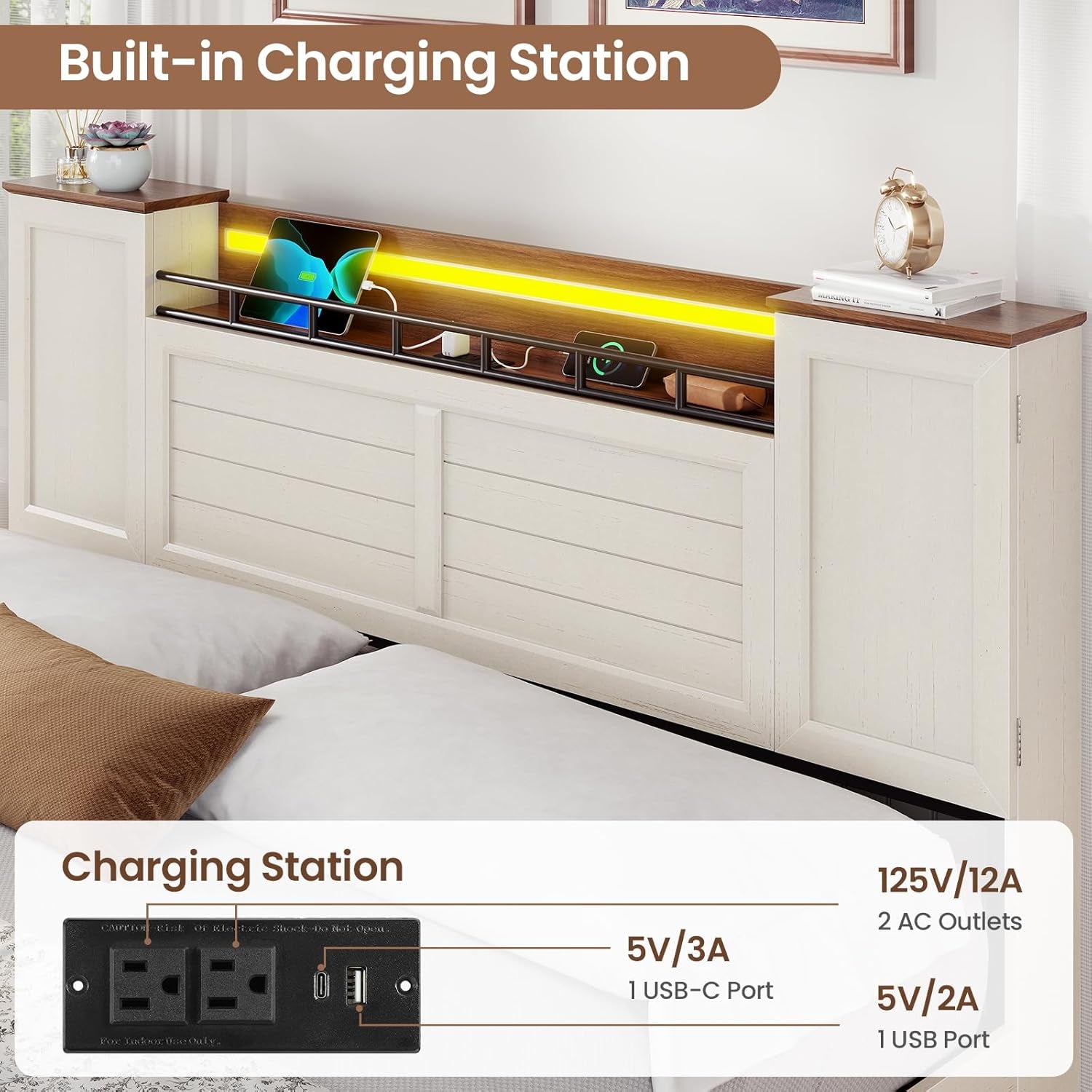 Farmhouse Queen Bed Frame with Headboard and Double Barn Door Storage Cabinets, Rustic Wooden Bed Frame Queen Size with Charging Station, 4 Drawers and LED Lights, No Box Spring Needed, White