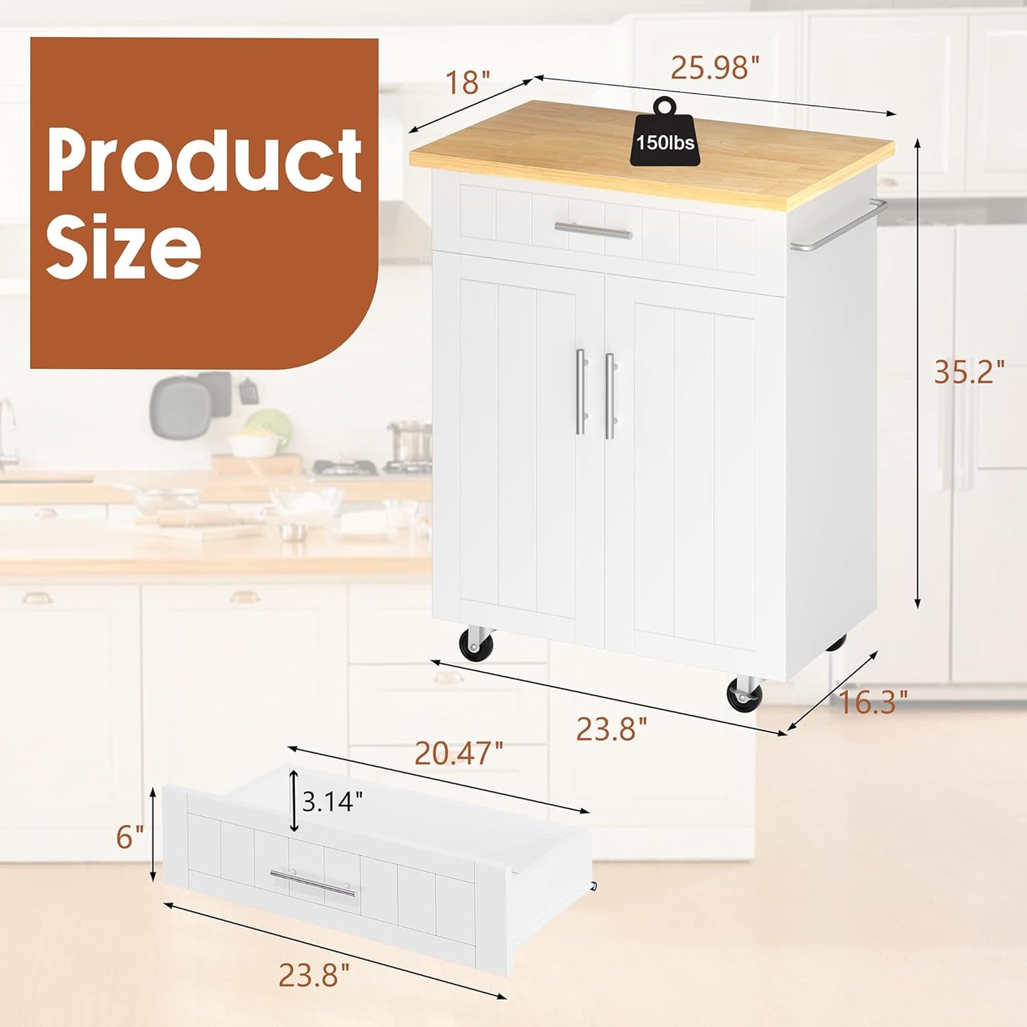 JY QAQA 26" Kitchen Island on Wheels with Storage Cabinet Kitchen Cart Cabinet with Shelves, Cart Handle for Towel Rack or Free Mobility, Portable Islands for Kitchen,White