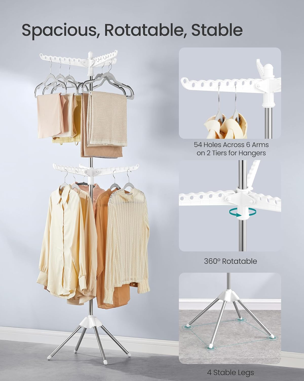 2-Tier Clothes Drying Rack, 75.2-Inch Folding Laundry Drying Rack with 6 Rotatable Arms for Hangers, Stainless Steel, for 54 Pieces of Clothes, White and Silver ULLR514W01