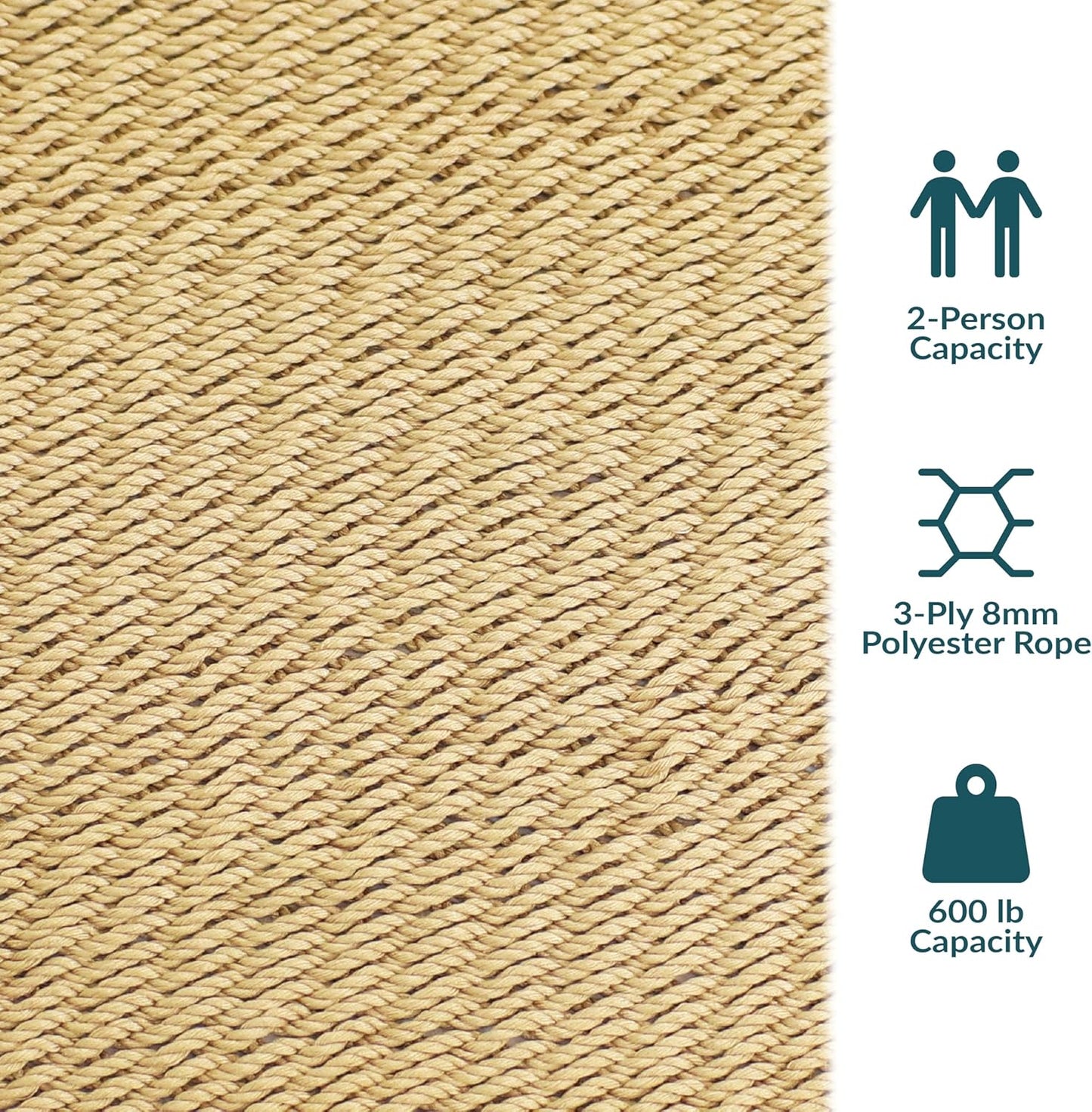 Sunnydaze Soft-Spun Polyester Rope Double Hammock for outside - 600-Pound Weight Capacity Extra Large Hammock - Tan