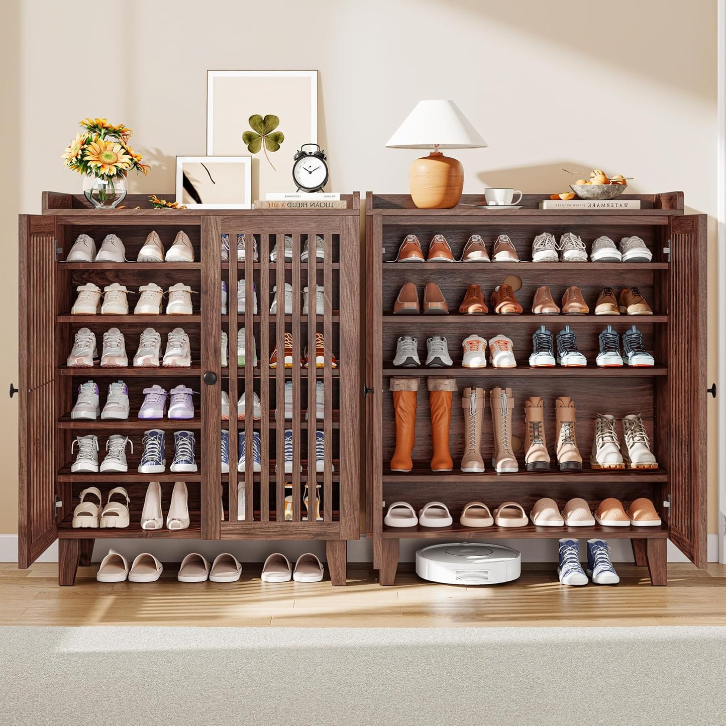 Shoe Cabinet with Slatted Doors, 6-Tier Shoe Storage Cabinet with Adjustable Shelves, Wooden Shoe Rack Organizer for Entryway, Hallway, Closet, Living Room, Walnut