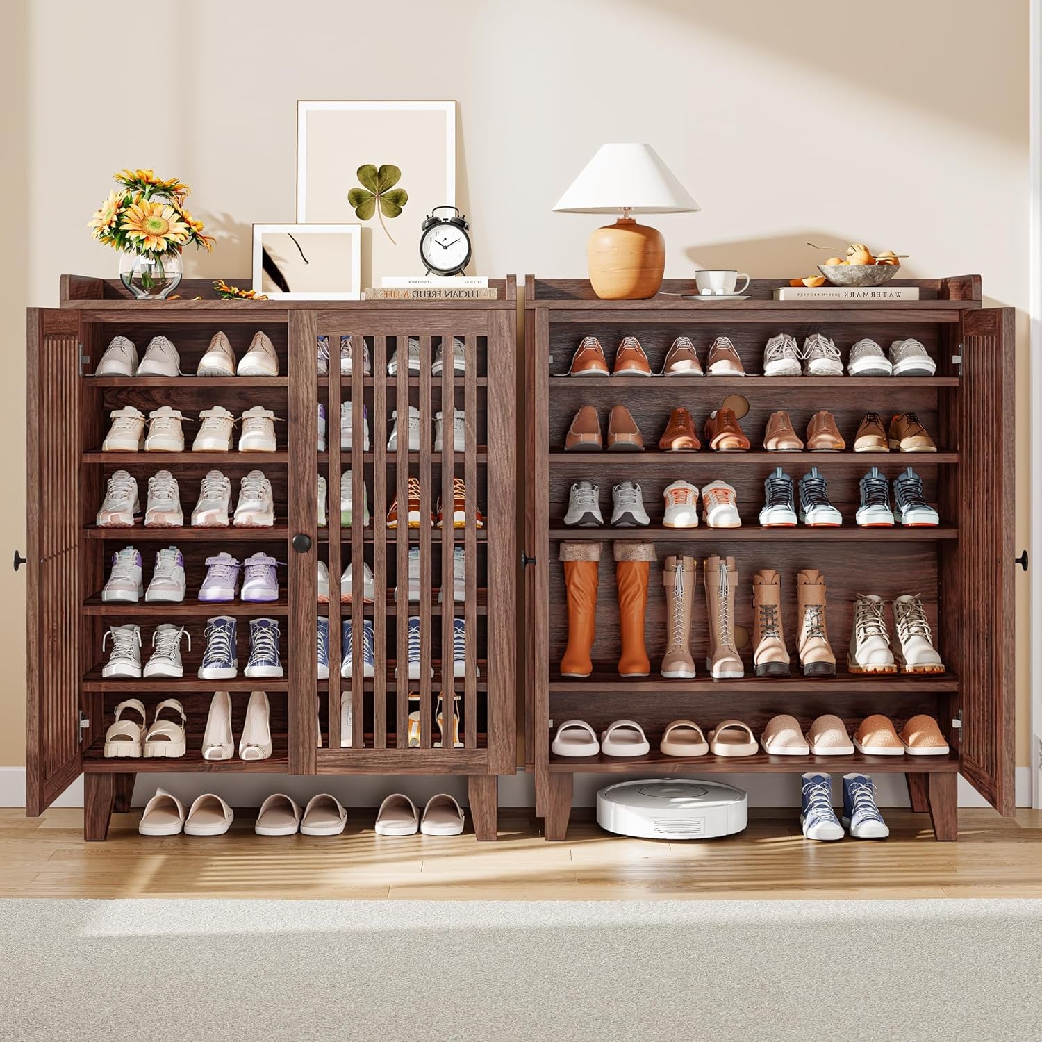 Shoe Cabinet with Slatted Doors, 6-Tier Shoe Storage Cabinet with Adjustable Shelves, Wooden Shoe Rack Organizer for Entryway, Hallway, Closet, Living Room, Walnut