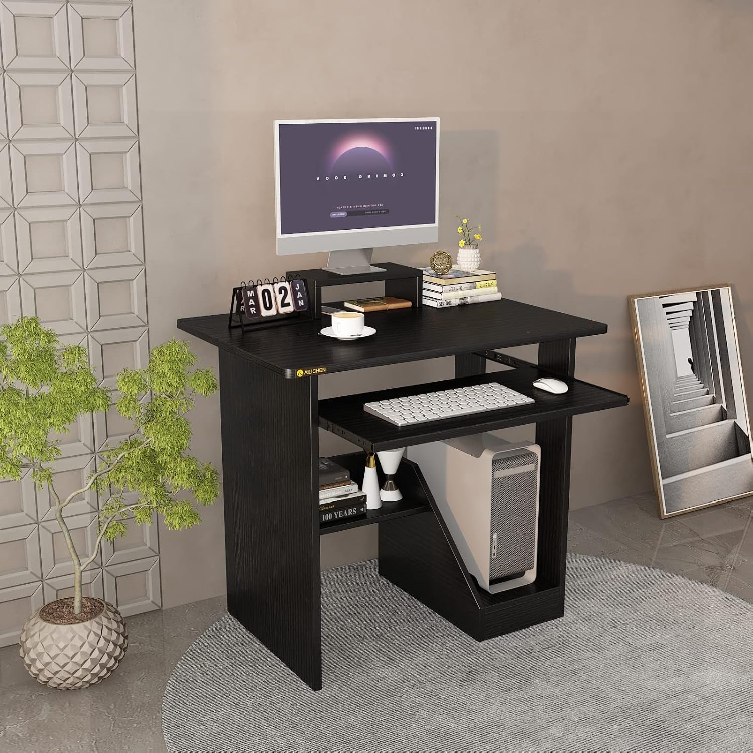 30 Inch Gaming Desk Computer Desk with Keyboard Tray Monitor Stand Storage Shelves CPU Stand, Industrial Small Desk for Small Spaces, Home Office Desk, Black