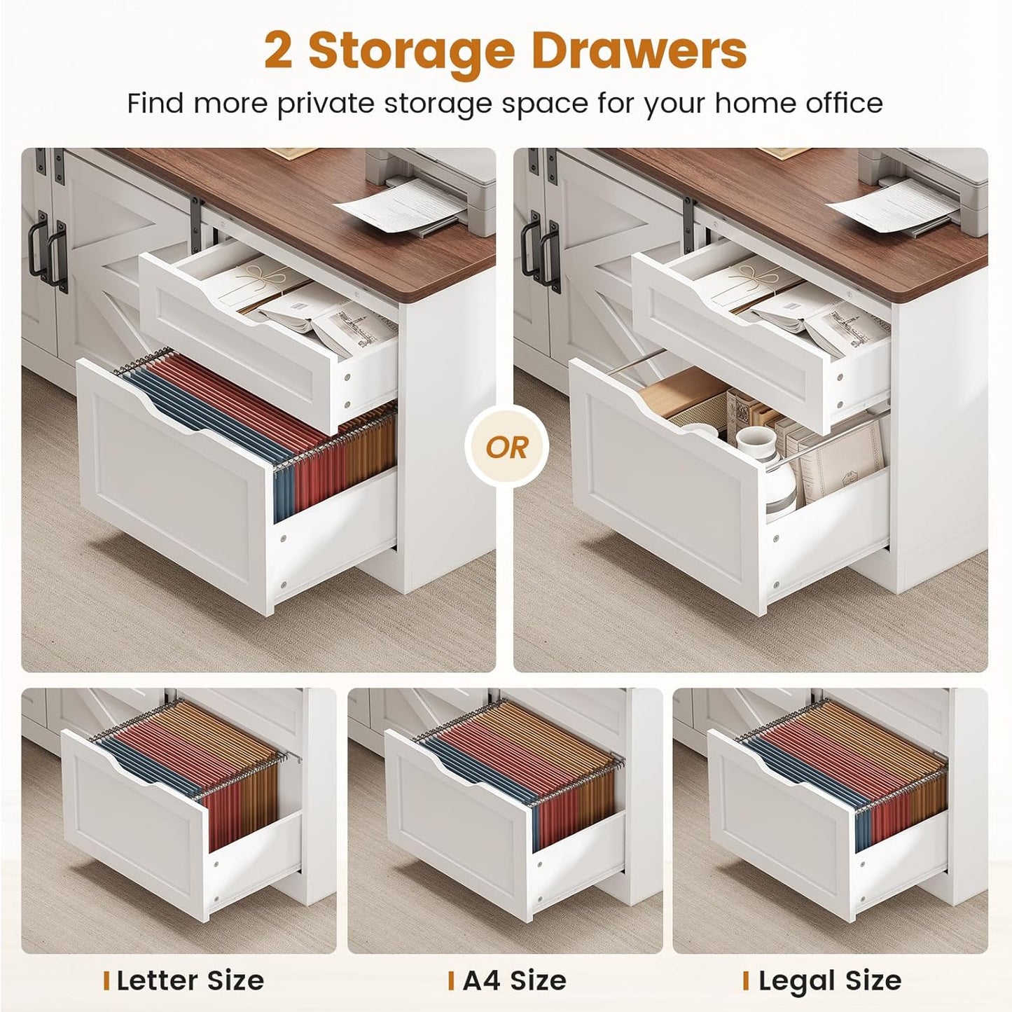 Farmhouse L Shaped Standing Desk, 55 Inch Height Adjustable Corner Desk with Storage Drawers, Standing Computer Desks with Power Outlets for Home Office, White