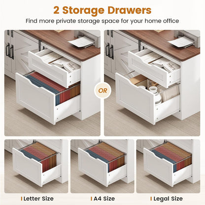 Farmhouse L Shaped Standing Desk, 55 Inch Height Adjustable Corner Desk with Storage Drawers, Standing Computer Desks with Power Outlets for Home Office, White