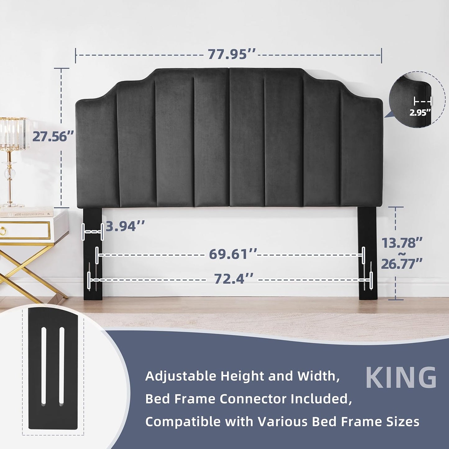 King Upholstered Headboard, Velvet Head Board, Tufted King Headboard Only, Elegantly Curved Headboards Only, Modern Vertical Channel Design Bed Head Board, Dark Gray