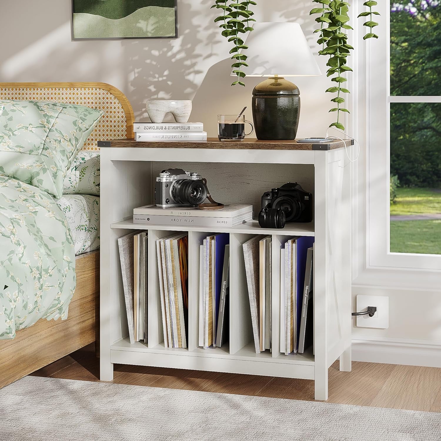 Large Record Player Stand with Charging Station & LED Light, Vinyl Record Holder Hold up to 300 Albums, Farmhouse End Table for Bedroom, Living Room, Antique White