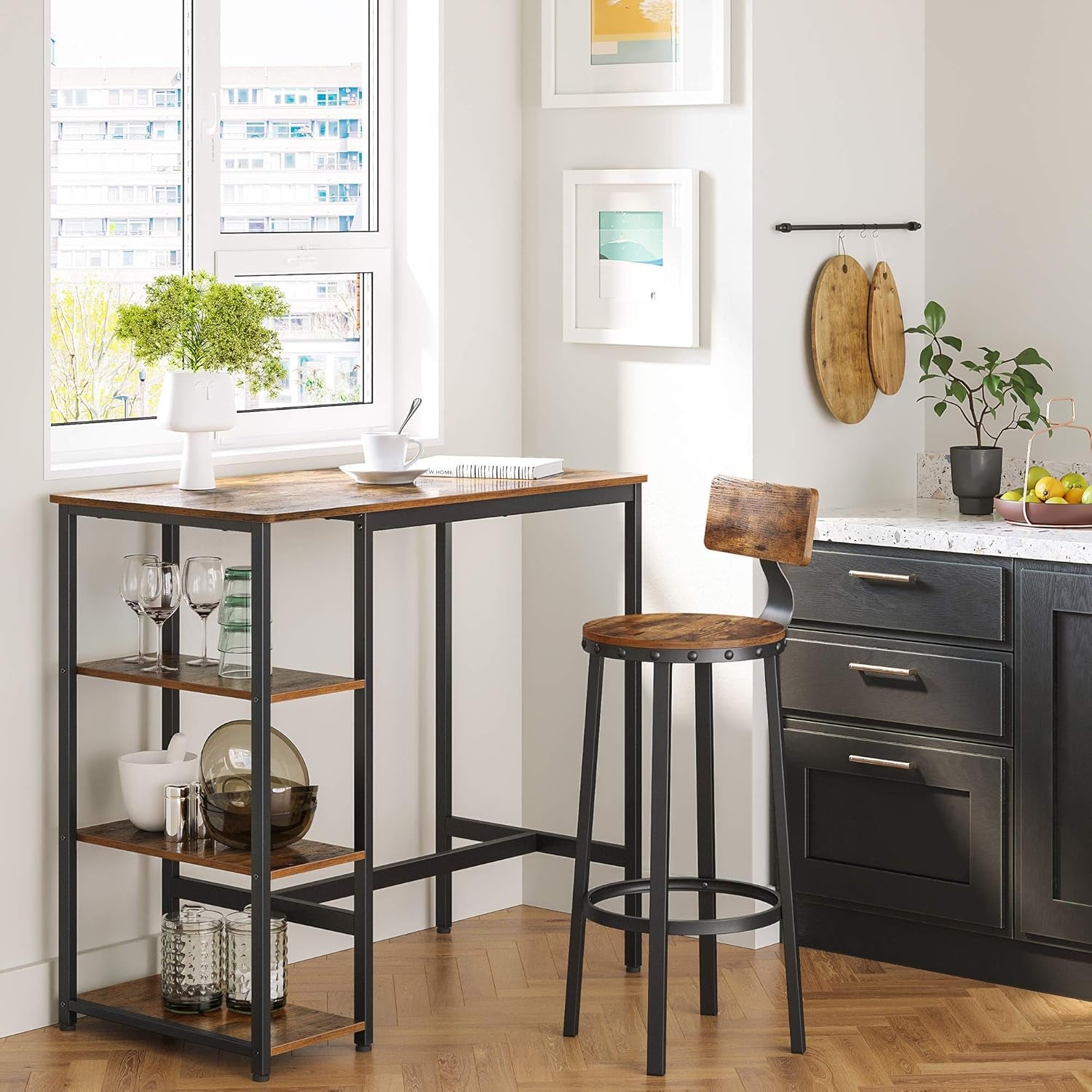 Bar Table with Sturdy Metal Frame, Easy Assembly, Industrial Design, 23.6 X 42.9 X 39.4 Inches, Rustic Brown
