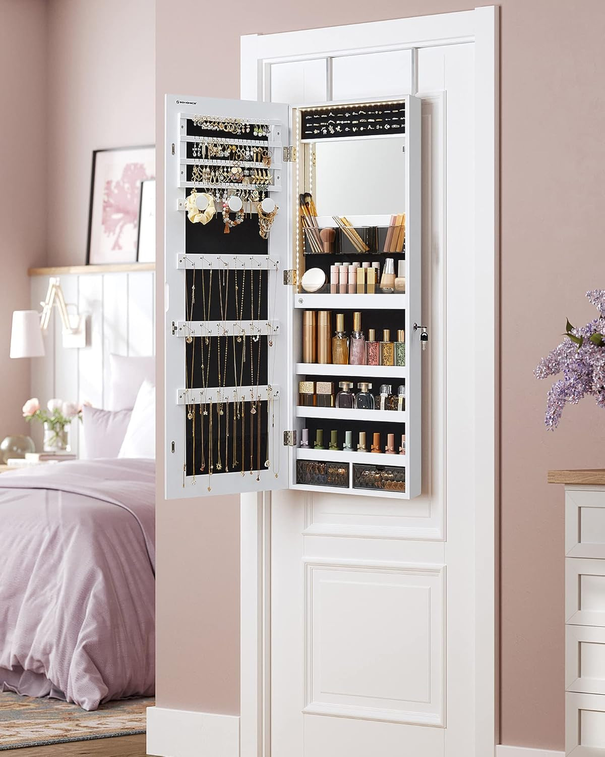 Mirror Jewelry Cabinet Armoire Organizer, Wall or Door Mount Storage Cabinet with Full-Length Frameless Lighted Mirror, Built-In Makeup Mirror, 2 Drawers, Lockable, White UJJC013W01