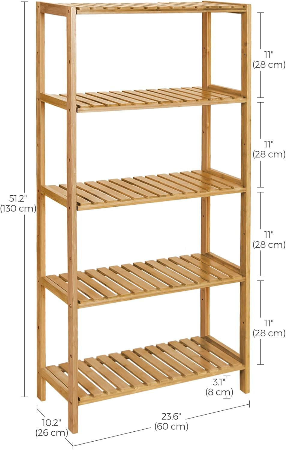 Bamboo Storage Shelf, 5-Tier Shelving Unit, Multifunctional, in the Entryway, Bathroom, Living Room, Balcony, Kitchen, 10.2 X 23.6 X 51.2 Inches, Light Bamboo UBCB35Y