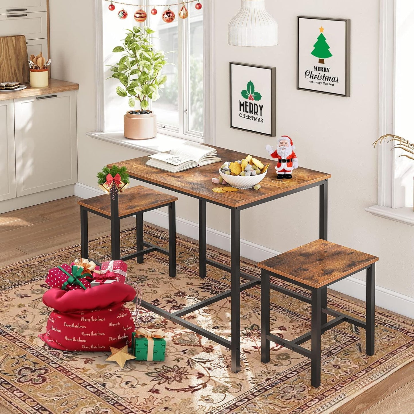 3-Piece Industrial Dining Table Set, Kitchen Table, Space Saving Dinette for Kitchen, Dining Room, Small Space, Breakfast Nook, Living Room, Party, Rustic Brown and Black BF75CZ01G1