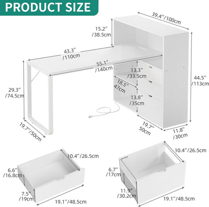 L Shaped Desk with Power Outlets, 55" Computer Desk with Drawers & Bookshelf, Home Office Desk with LED Lights, Corner Desk with File Cabinet, White