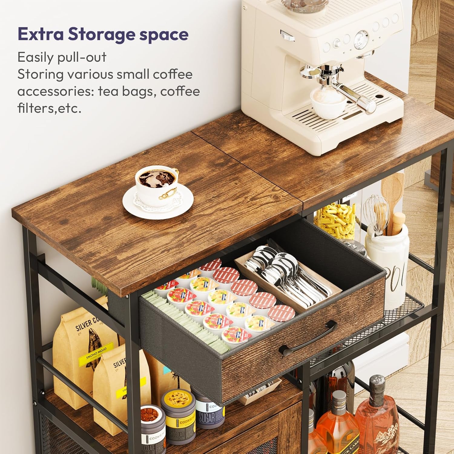 Coffee Bar Cabinet for Home - Farmhouse Coffee Stand Station Multi-Purpose Buffet Sideboard Cabinet with Drawers - Kitchen Bar Table for Living Room, Corner, Small Space, Espresso