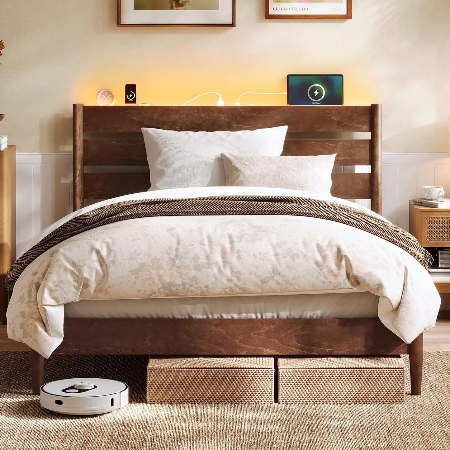 HOME King Bed Frame with Solid Wood Legs Slats, Platform Bed with Headboard, LED Lights, Charging Station, Mid-Century Modern Style, No Box Spring Needed, Coffee Brown URMB414K02