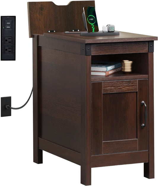 End Table with Charging Station, Narrow Side Table for Living Room, Farmhouse Night Stand with Storage, Small Wooden Cabinet with USB Ports and Outlets for Living Room and Bedroom, Espresso