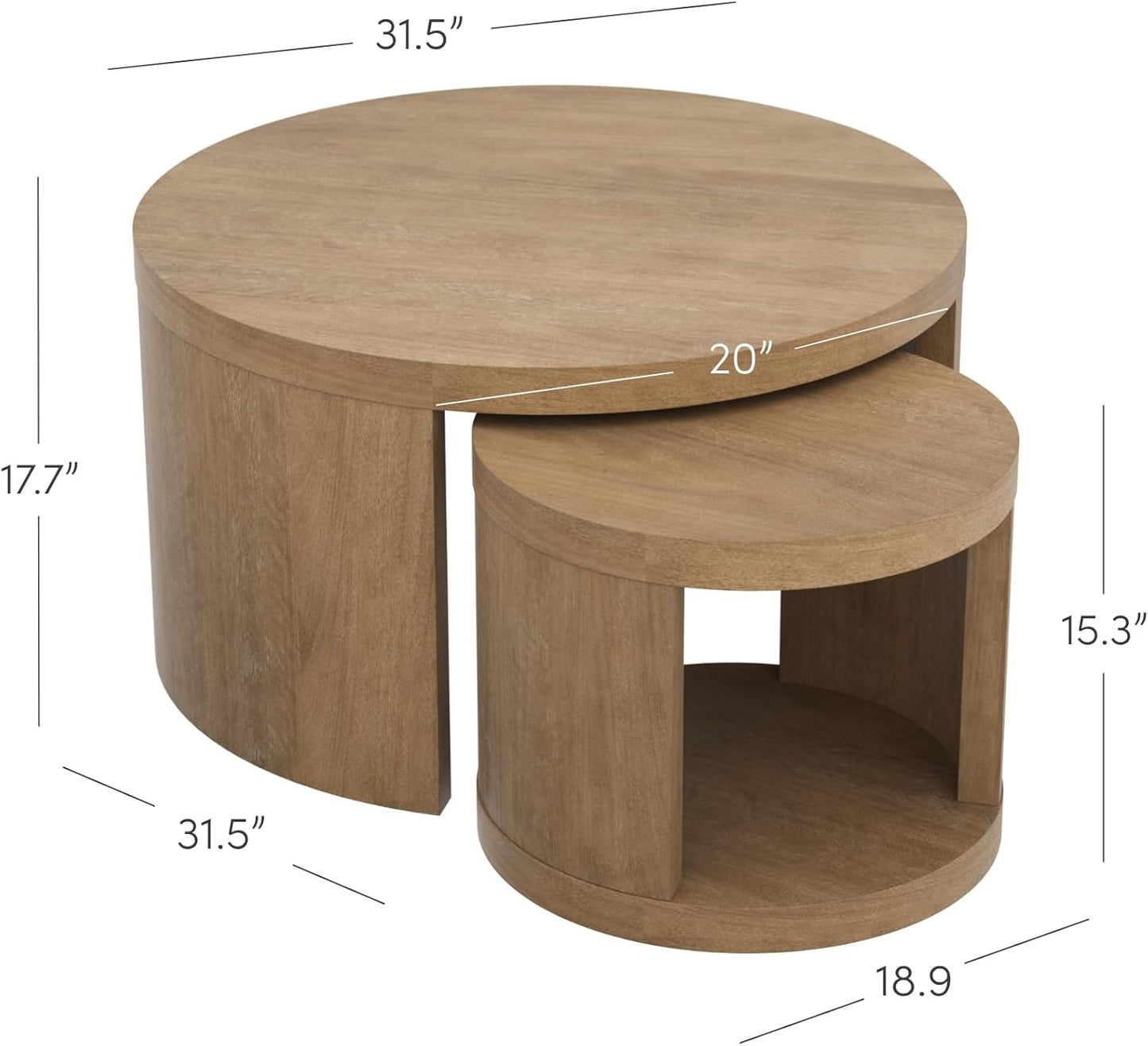 Uchu Mid Century Modern 2-Piece Nesting Coffee Table, round Wood Coffee Table with Storage, Light Brown