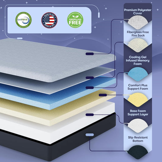 10 Inch RV Short Queen Mattress, Made in the USA, Certipur-Us®, Oeko-Tex®, and Fiberglass-Free™ Certified Cooling Memory Foam Camper Bed - Medium