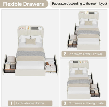 Twin Bed Frame with Storage Headboard, Kids Bed Frame with 2 Drawers, Boucle Upholstered Platform Bed with Bookcase, No Box Spring Needed, Easy Assembly, Ivory White