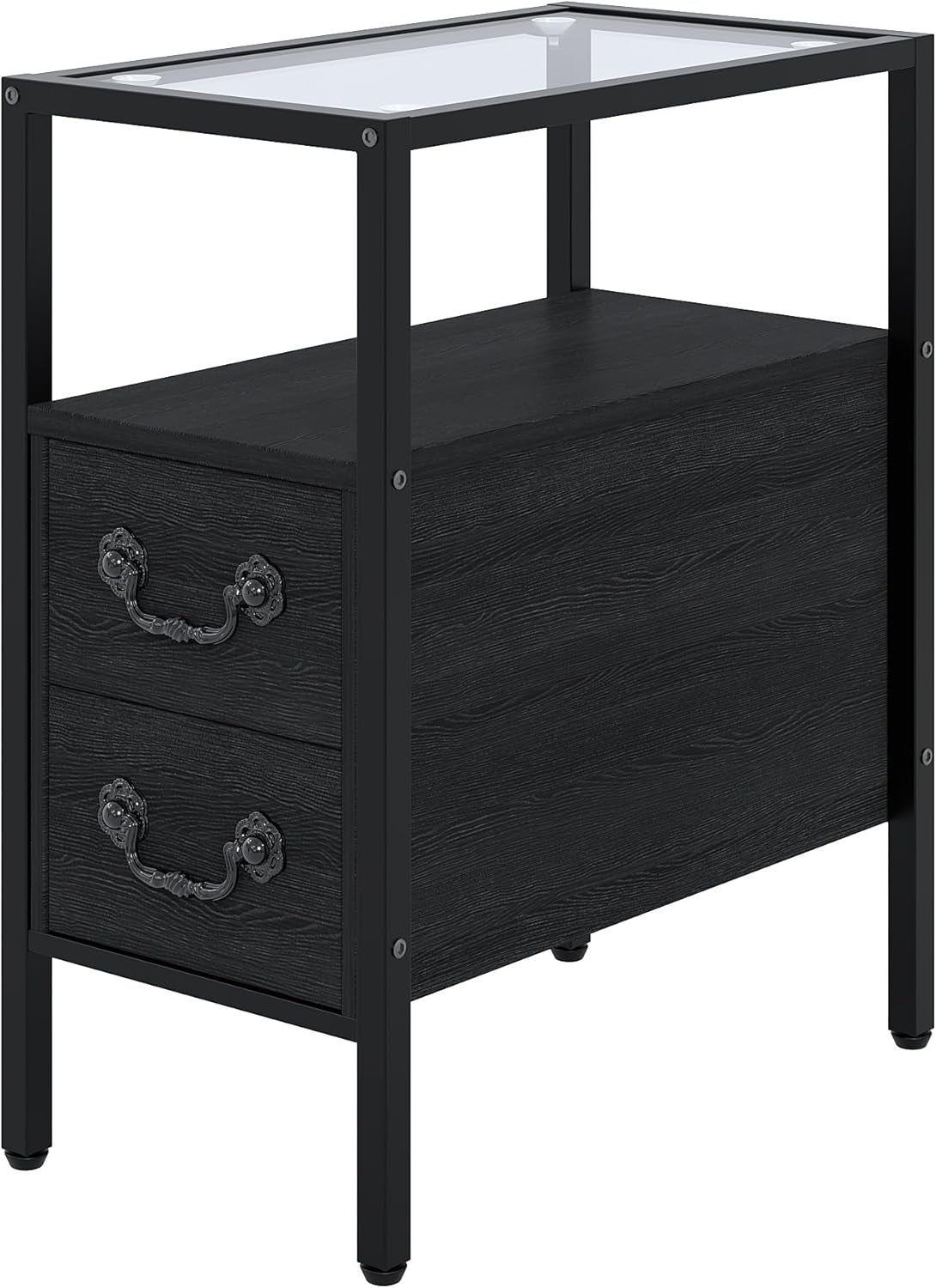 Narrow Side Table, Night Stand Sofa Table with Glass Top,Bedside End Tables with Storage Drawers,Wood Nightstand for Small Spaces Living Room Bedroom,Black