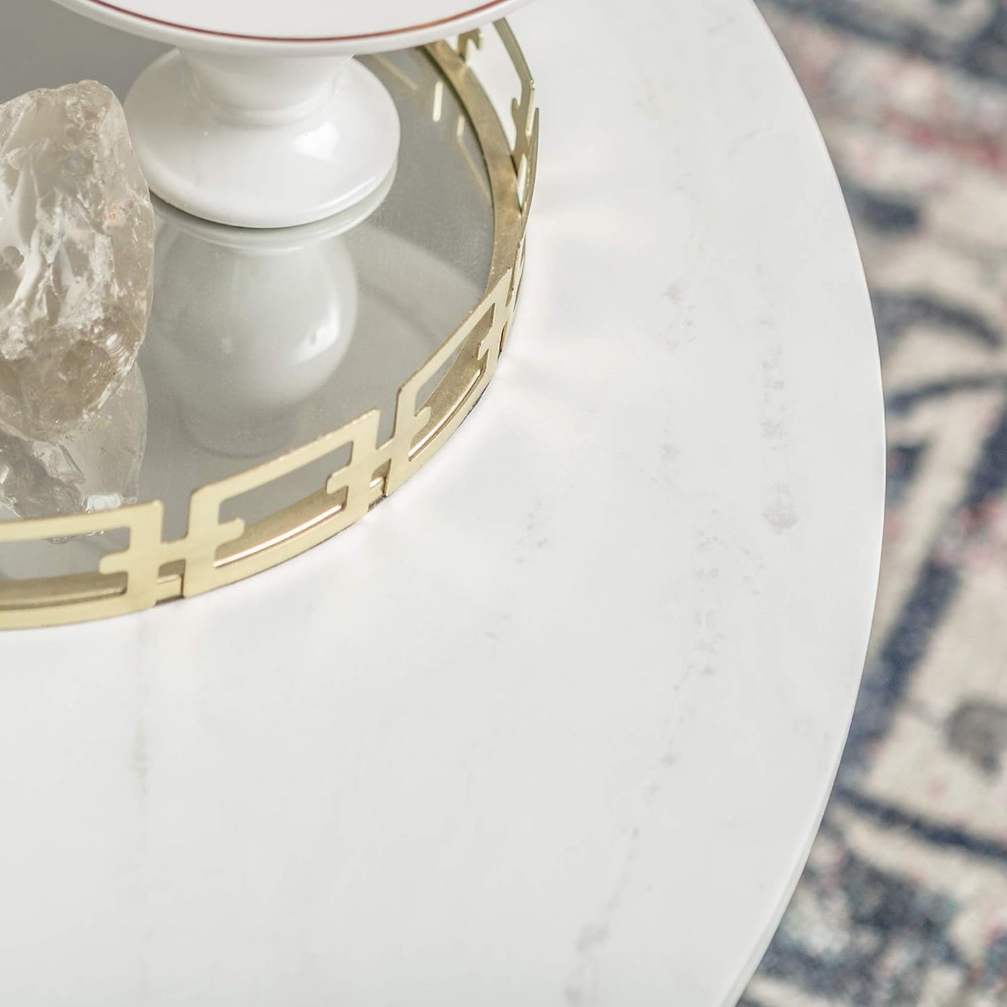 Modern Glam round Accent Faux White Marble Coffee Table with Gold X-Base, 36 Inch