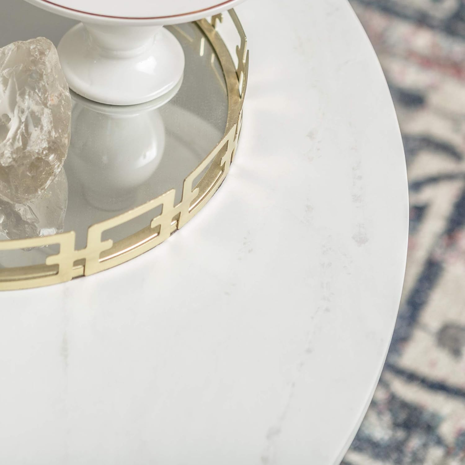 Modern Glam round Accent Faux White Marble Coffee Table with Gold X-Base, 36 Inch