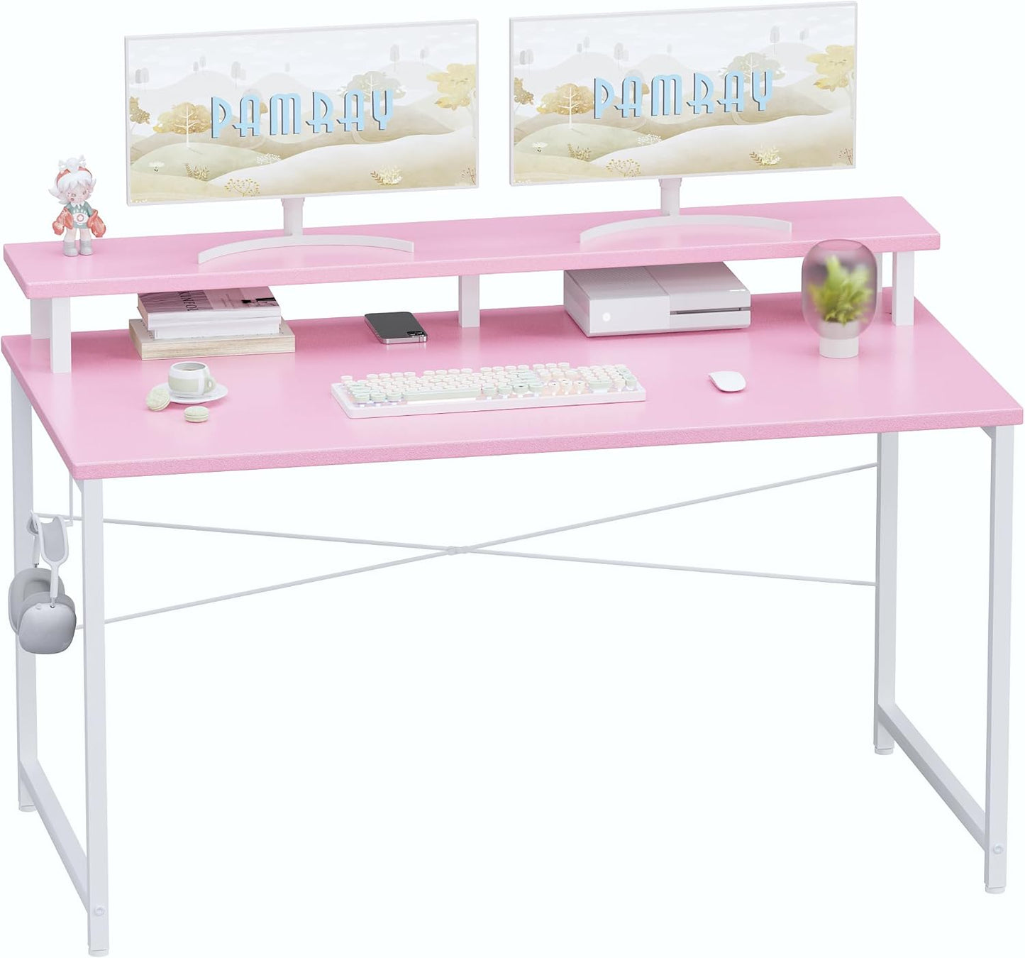 47 Inch Small Computer Desk with Monitor Stand, Simple Office Desk with Headphone Hook for Small Spaces, Kids Study Writing Table for Bedroom, Pink