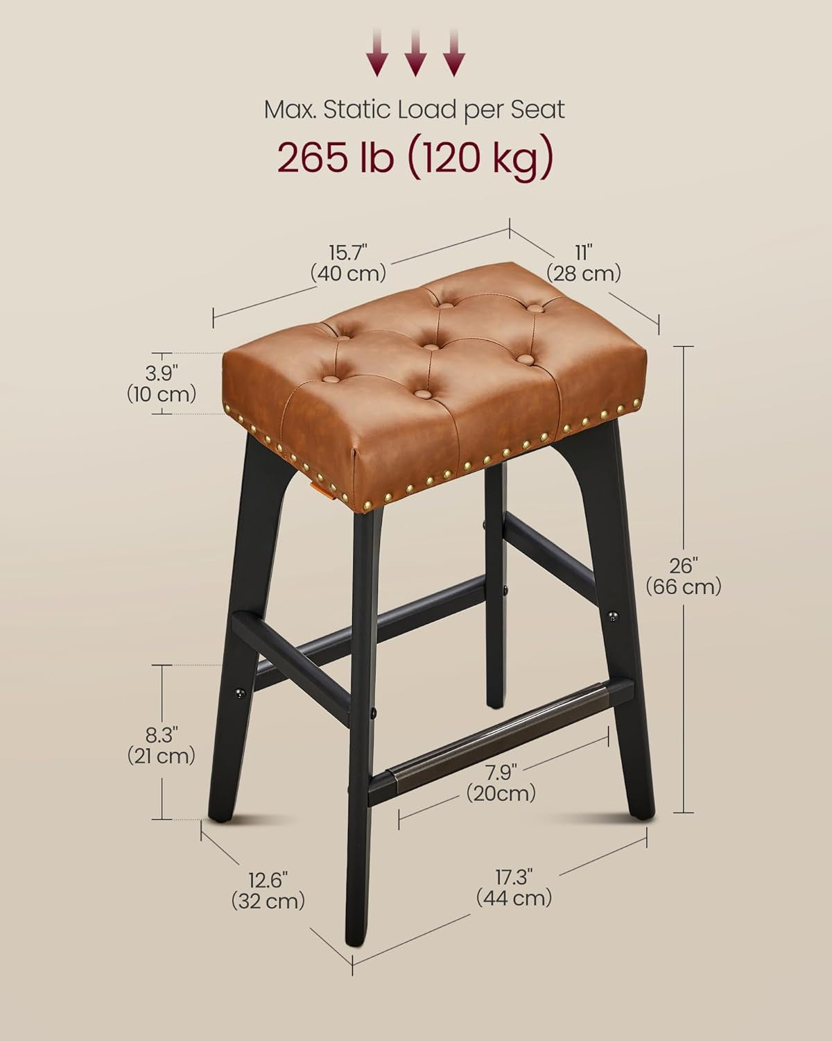 Bar Stools Set of 2, Saddle Counter Height Bar Stools, 26-Inch Backless Kitchen Stools with Wood Legs, PU Leather Thickened Upholstered Barstools for Kitchen Island Dining Room, Coffee Brown