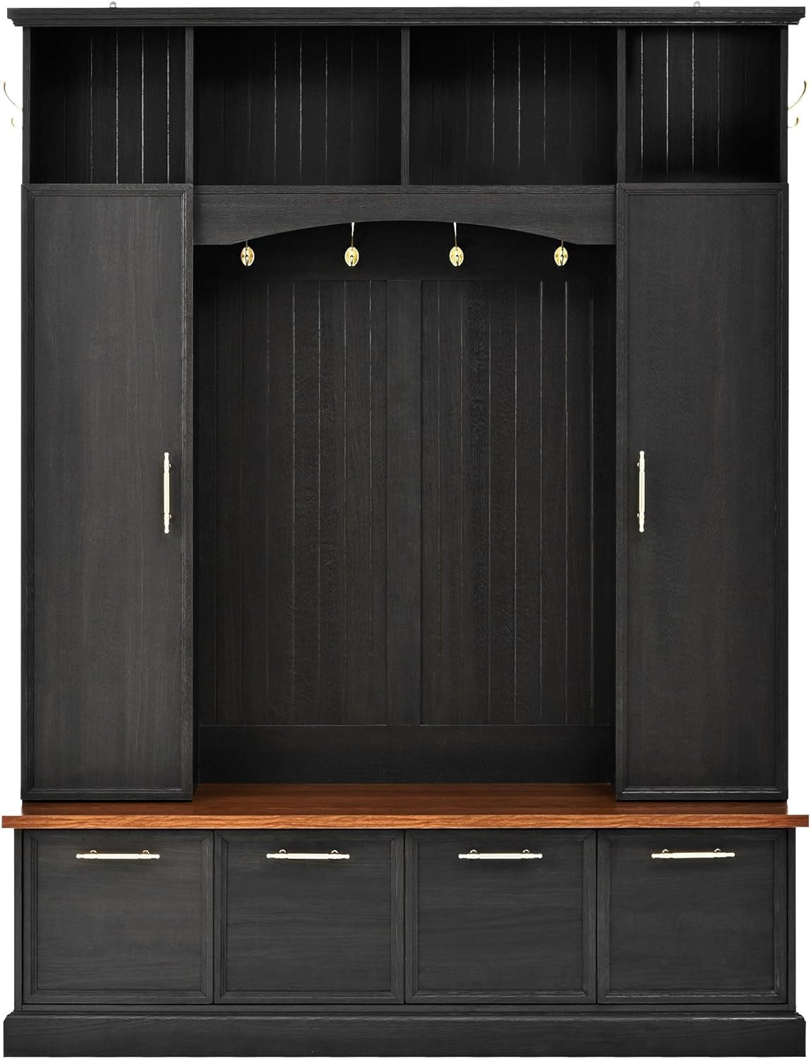 59" Farmhouse Hall Tree with Golden Hooks & Walnut Bench, Entryway Organizer with Adjustable Shelves, Shoe Storage, Anti-Tip for Mudroom, Living Room, Black