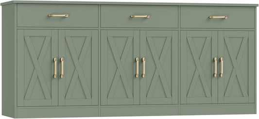 71" Large Sideboard Buffet Cabinet with Storage, Farmhouse Coffee Bar Cabinet with 3 Drawers, Long Kitchen Buffet Table, Kitchen Sideboard Storage Cabinet for Dining Room, Living Room, Green
