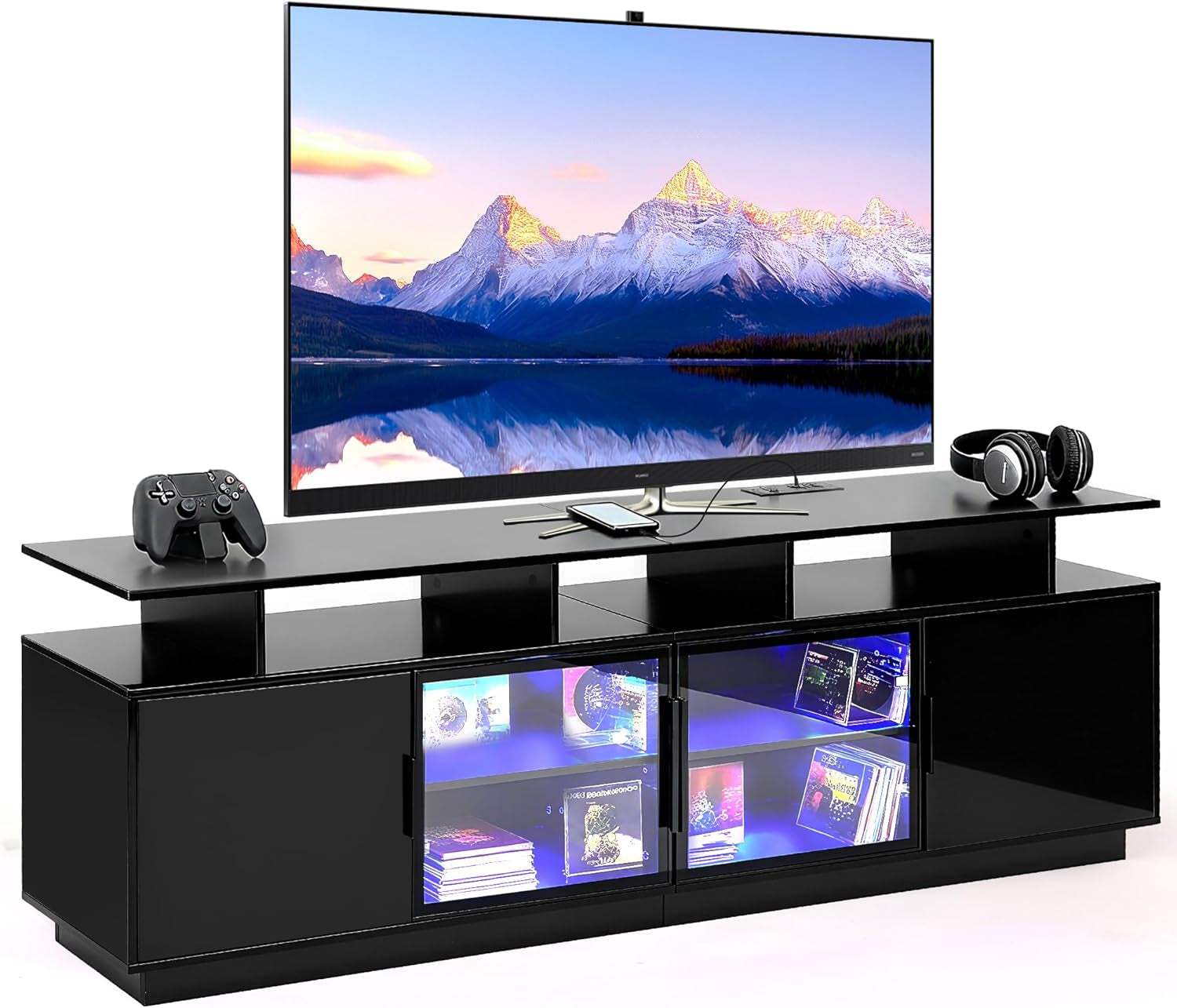 70 Inch Black TV Stand with LED Lights, Power Strips, and USB Charging Station for Mobile Phones, Transparent Glass Door Storage Cabinet, Entertainment Center with Large Storage Space